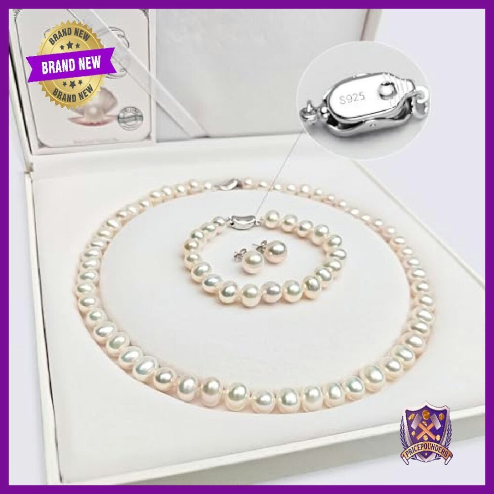 Freshwater Pearl Necklace Bracelet Earrings Set Sterling Silver 18K Gold Plated - Picture 7 of 8